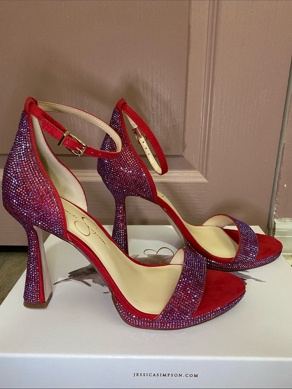 Jessica Simpson Red Suede Ankle-Strap Heels with Crystal Strap - Picture 5 of 8